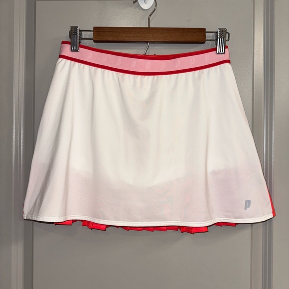 PRINCE WOMEN'S PLEATED LOGO TENNIS SKORT - WHITE & RED NEON // SMALL - Picture 2 of 3